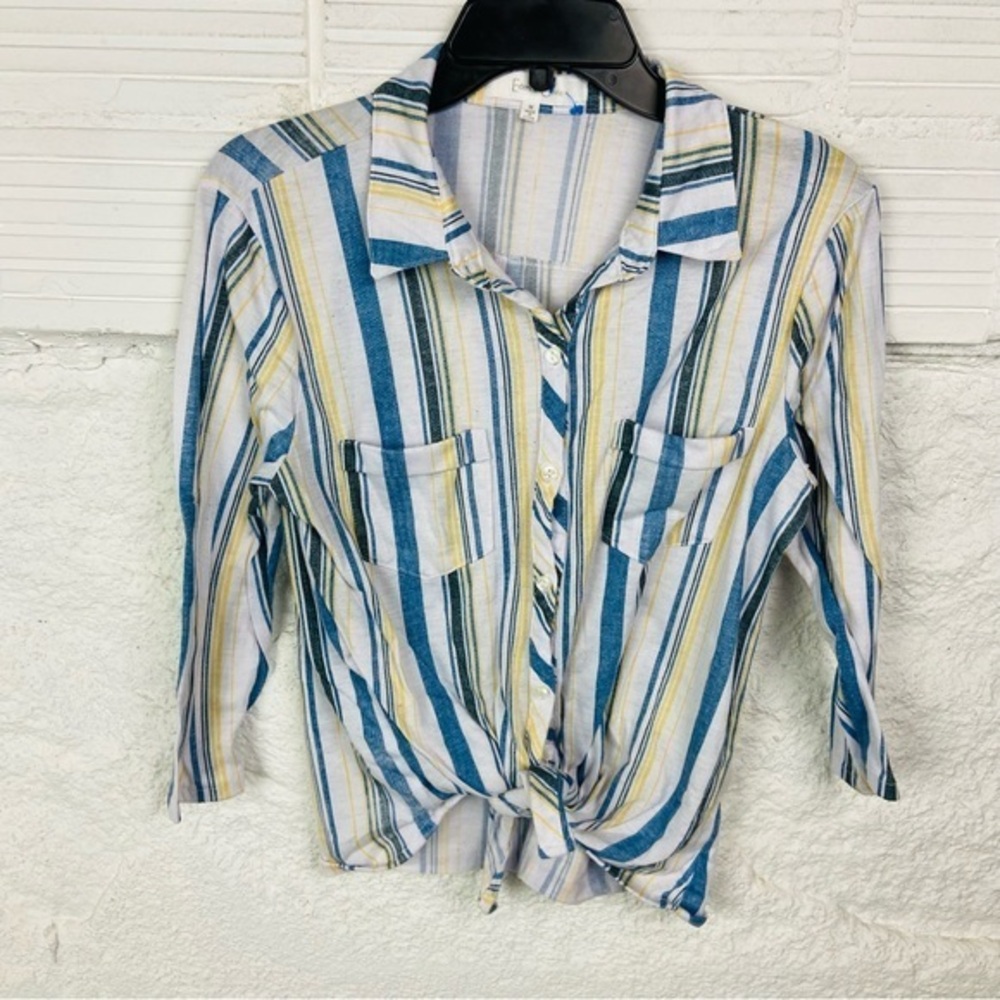 Eden & Olivia Blue & white striped tie up collar Top size medium